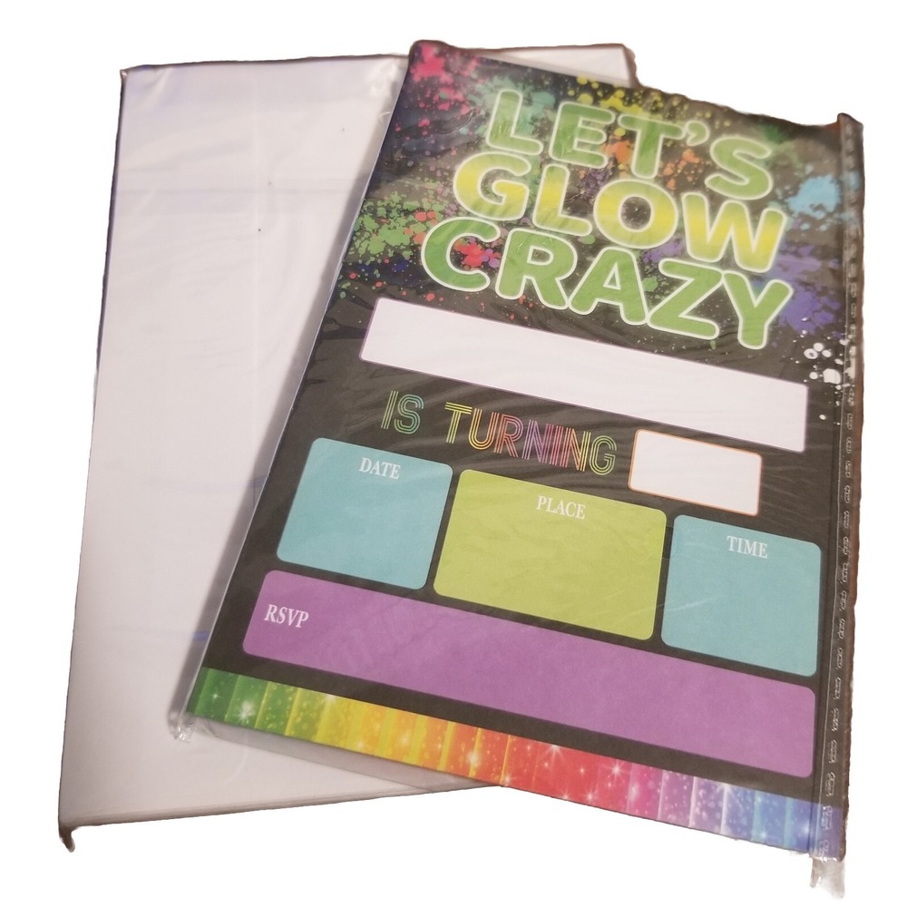 Lets Glow Crazy 20 Ct Party Invitation w/ Envelopes Kids Birthday New